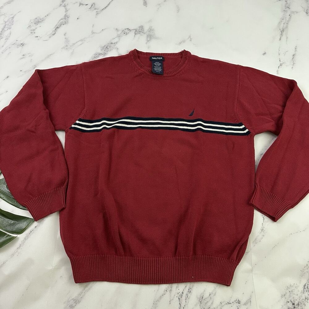 Nautica Mens Vintage Y2k Crew Neck Pullover Sweater Size XL Red Blue Stripe